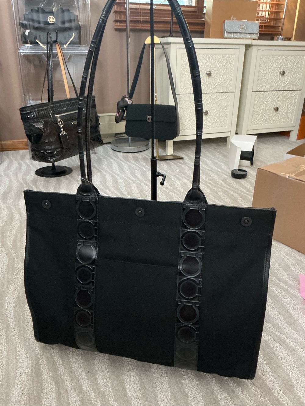 Salvatore Ferragamo Black Gancini Canvas Tote Bag Large Shoulder Shopper - Picture 10 of 16